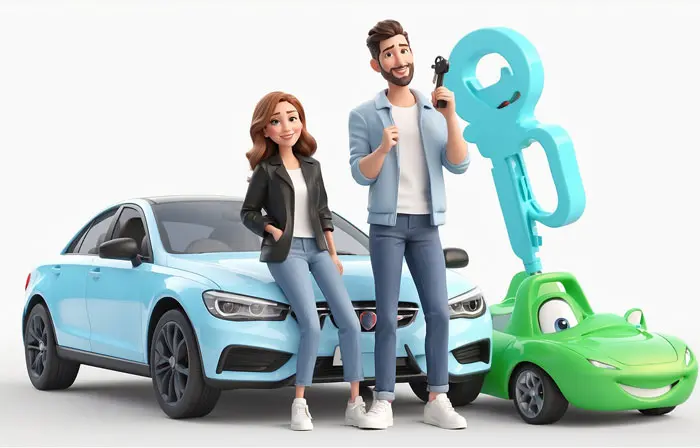 Beautiful Couple with New Car 3D Character Modeling Illustration image